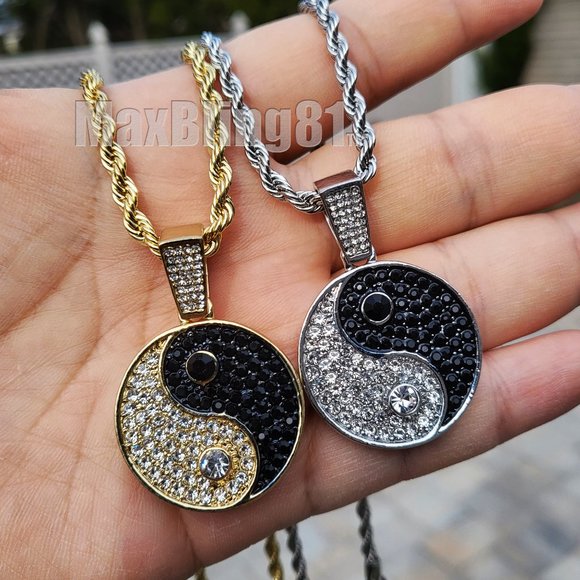 Iced Ying Yang Pendant & 4mm 24" Rope Chain Bling Hip Hop Gold Silver Necklace - Picture 2 of 6